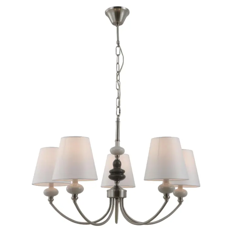 Satin Nickel 5-жарықты ақ конустық реңктері бар керамикалық люстра